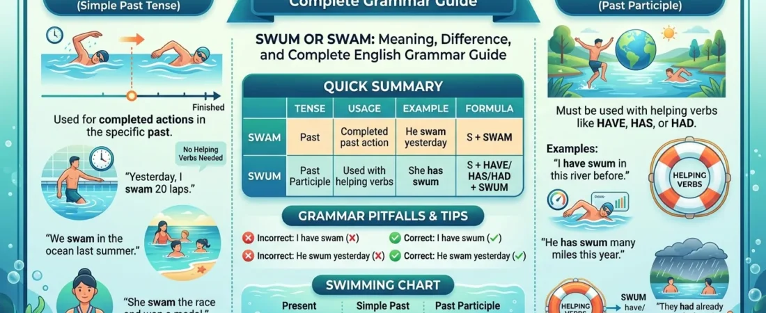 “Swum or Swam” – Meaning, Difference, Usage, and Complete English Grammar Guide