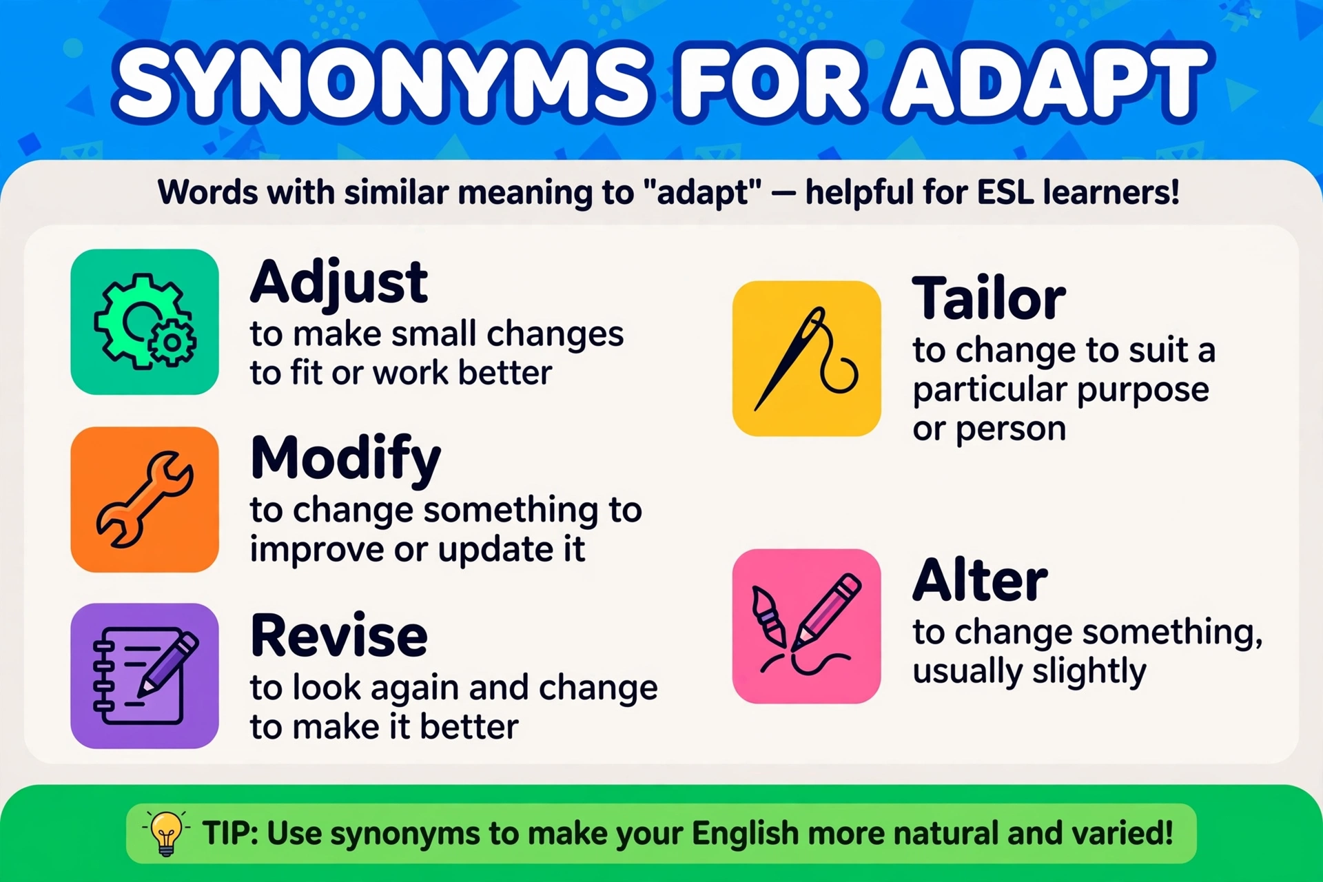 Synonyms for adapt infographic showing 5 powerful alternative words with meanings
