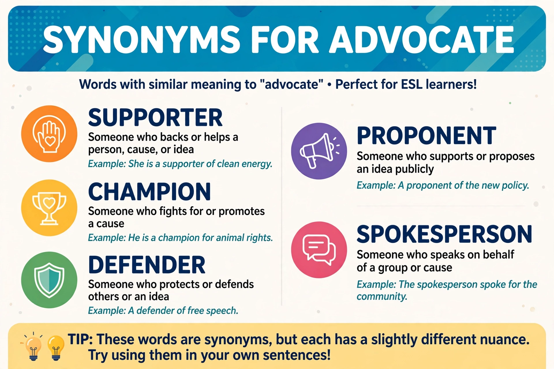 Synonyms for advocate infographic showing 5 powerful alternative words with meanings